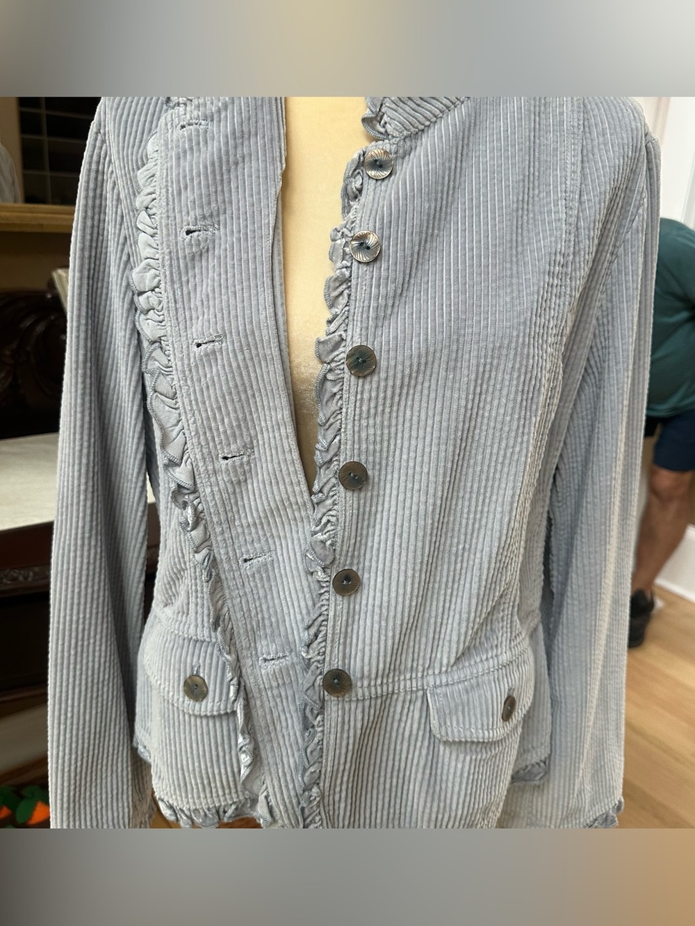J. Jill Light Gray Corduroy Ruffle-Trim Button Jacket